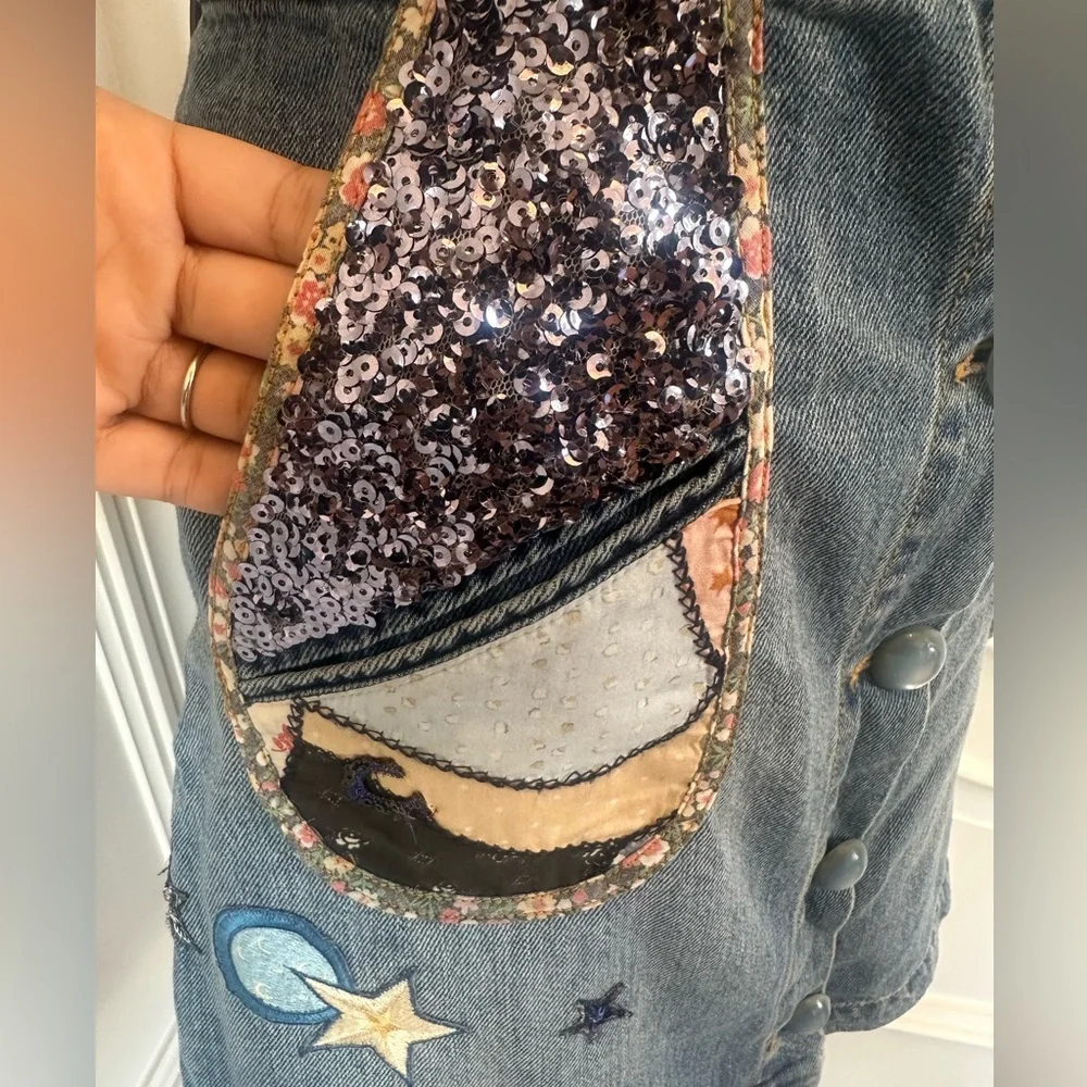 Coach NWOT 100% Cotton Denim Patchwork Button Up Sequin Embroidery Skirt- Size 4 - Picture 5 of 13
